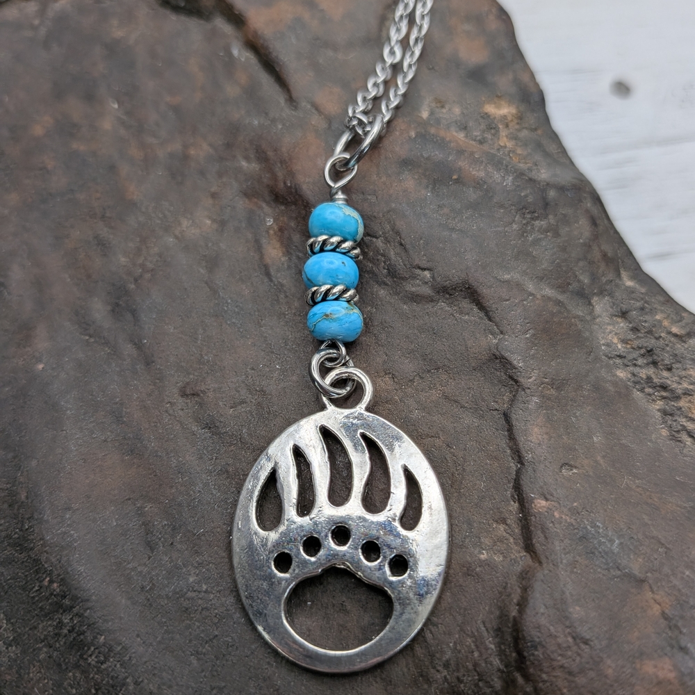 Silver Bear Paw Pendant Necklace with Turquoise Beads - Picture 4 of 6